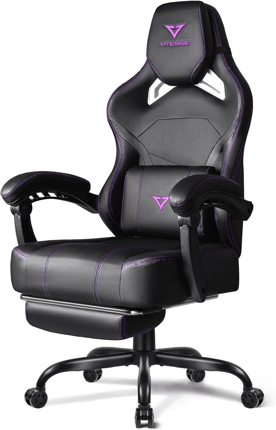 VITESSE Big and Tall Gaming Chair with Footrest,Ergonomic Video Gaming Chair with Oversized Headrest and Lumbar Support for Adults 400lb Weight Capacity,Computer Chair for Office or Gaming (Purple)
