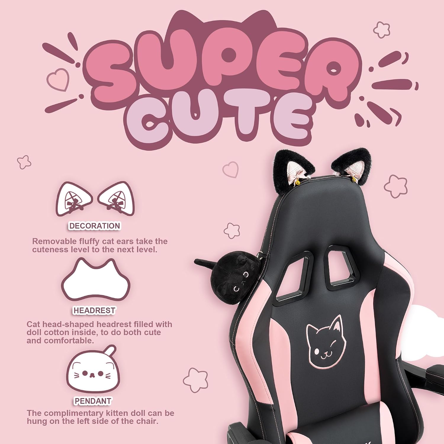 Dowinx Gaming Chair Cute with Cat Ears and Massage Lumbar Support, Ergonomic Computer Chair for Girl with Footrest and Headrest, Comfortable Reclining Game Chair 290lbs for Adult, Teen, Black