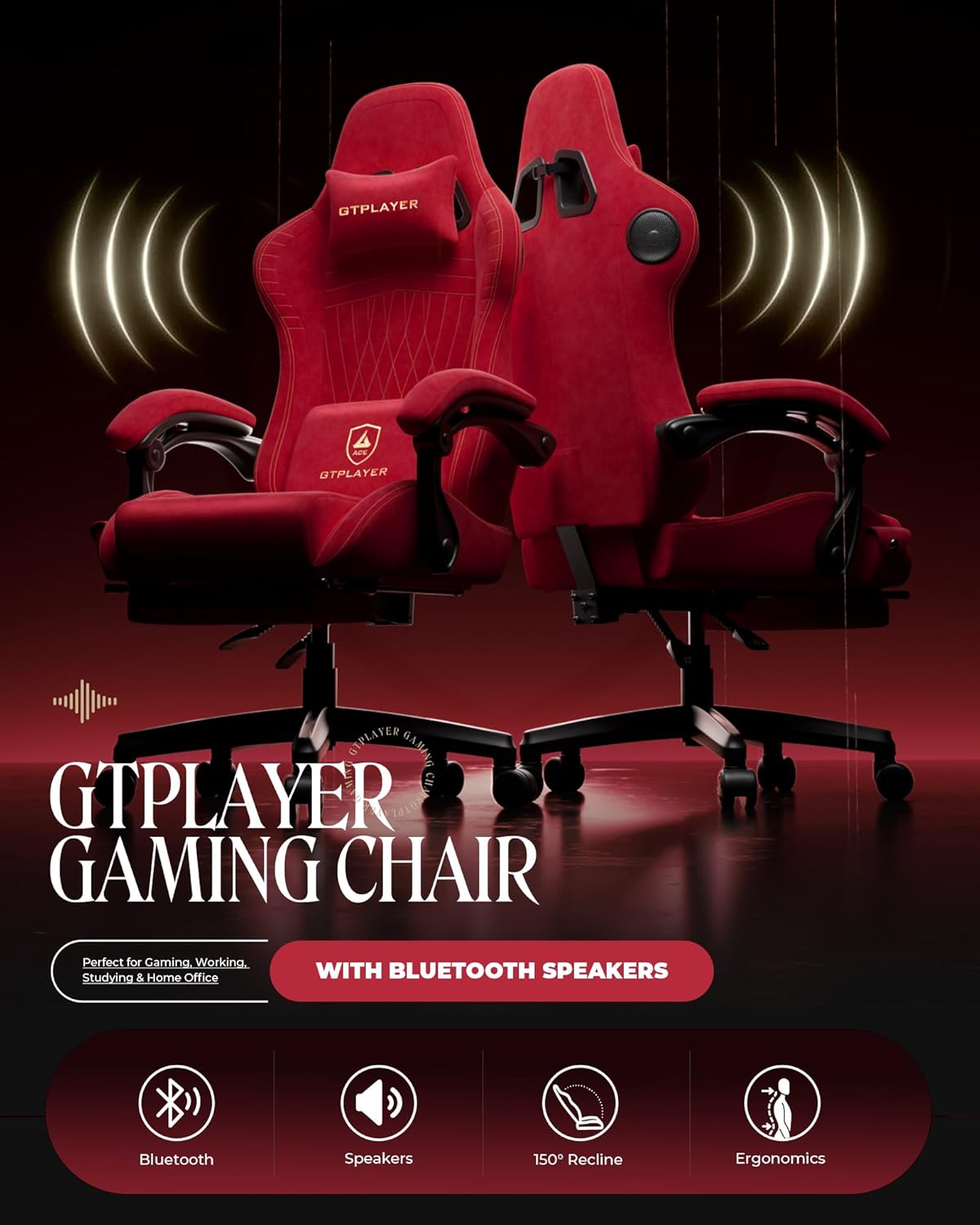 GTPLAYER Gaming Chair with Speakers, Video Game Chairs with Footrest, PC Gamer Chairs for Adults - Padded High Back Ergonomic Reclining Silla Gamer, Linkage Armrest, Ace Pro, Cherry Red（Velvet）