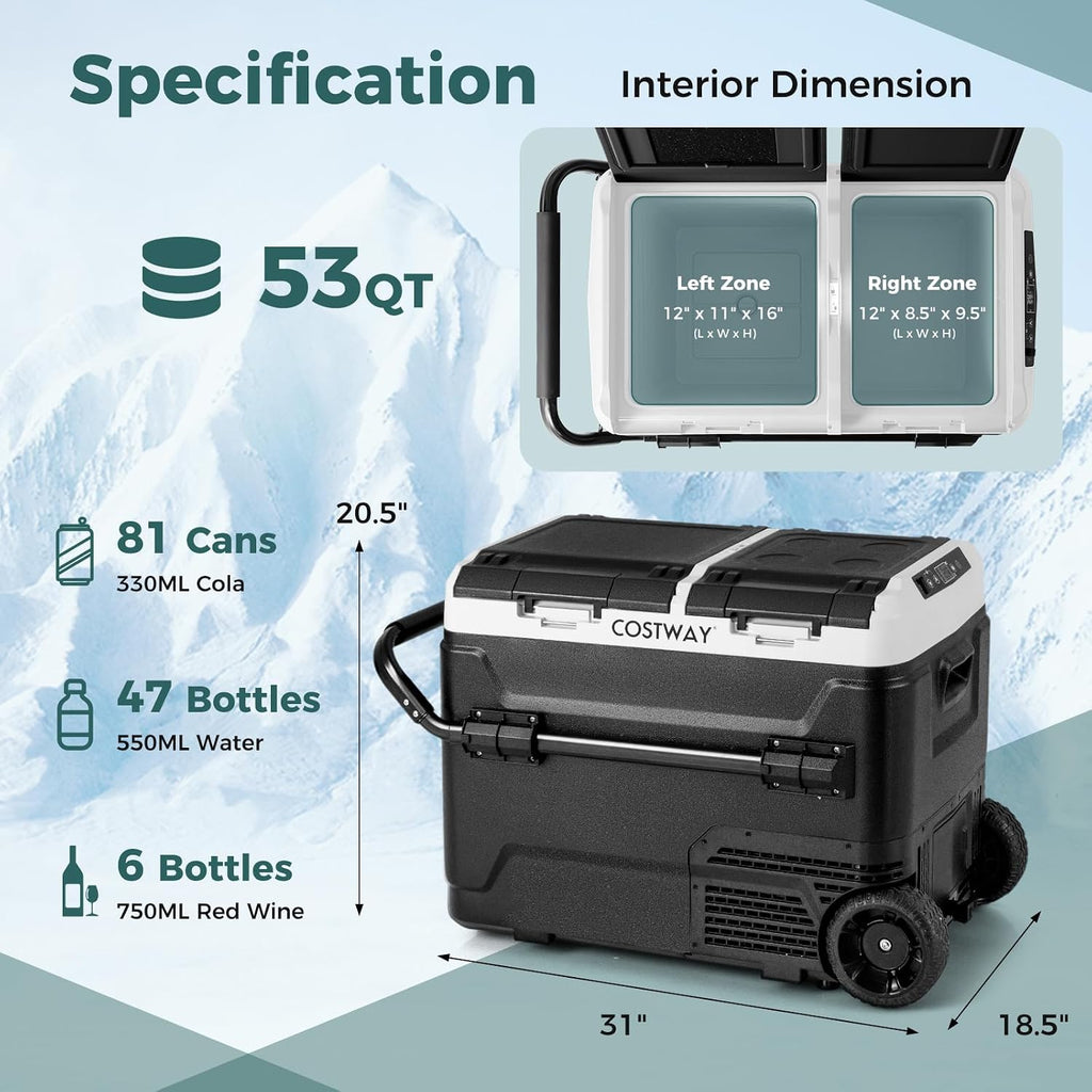 COSTWAY Car Refrigerator with Wheels, 53-Quart Dual-zone Dual-temperature Electric Cooler, 12V/24V DC, 100-240V AC, -4°F To 68°F, Portable Car Fridge Freezer for RV Camping, Black