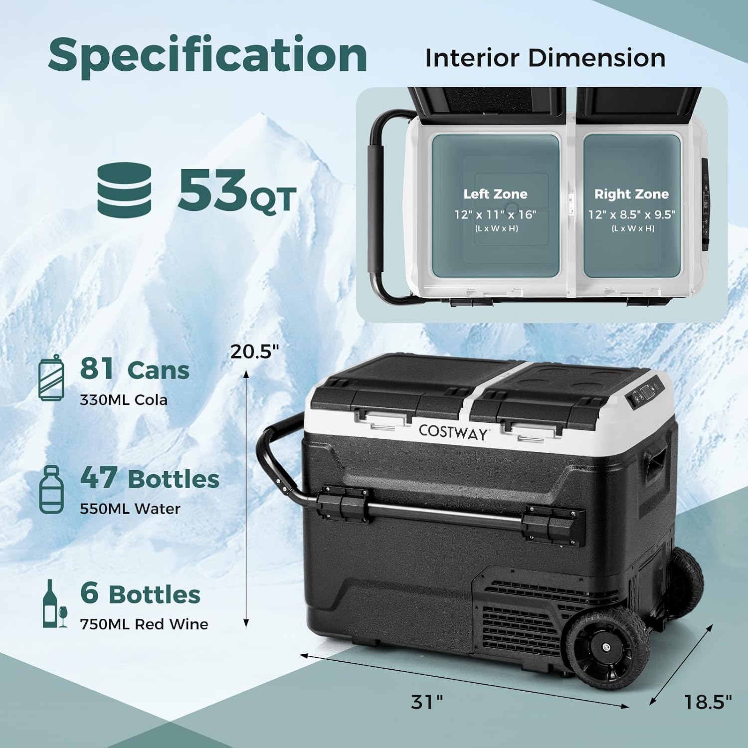 COSTWAY Car Refrigerator with Wheels, 53-Quart Dual-zone Dual-temperature Electric Cooler, 12V/24V DC, 100-240V AC, -4°F To 68°F, Portable Car Fridge Freezer for RV Camping, Black