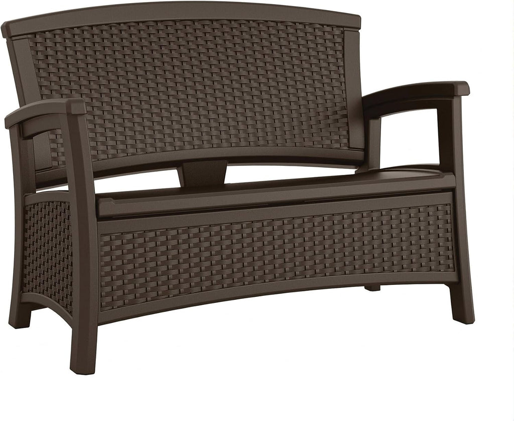 Suncast Outdoor Wicker Love Seat with 23-Gallon Storage, Comfortable Seating for Two, Ergonomic Back Support, All-Weather Furniture for Patio, Deck, and Garden, Java, Made in The USA