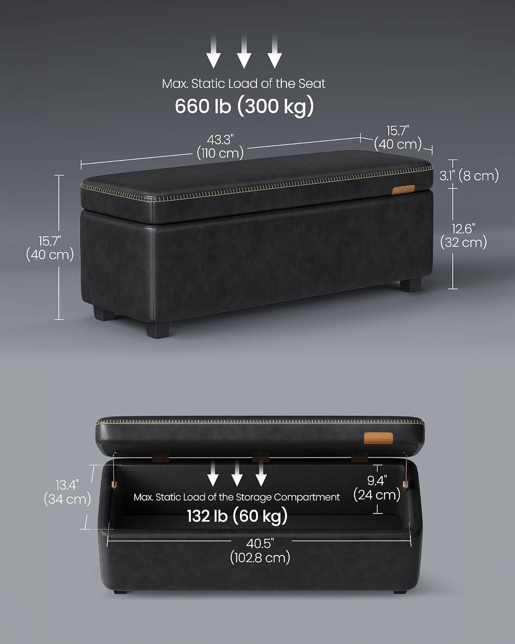 VASAGLE EKHO Collection - Storage Ottoman Bench, Entryway Bedroom Bench, 25 Gallons, Synthetic Leather with Stitching, Mid-Century Modern, Safety Hinges, Loads 660 lb, Ink Black ULOM075B01