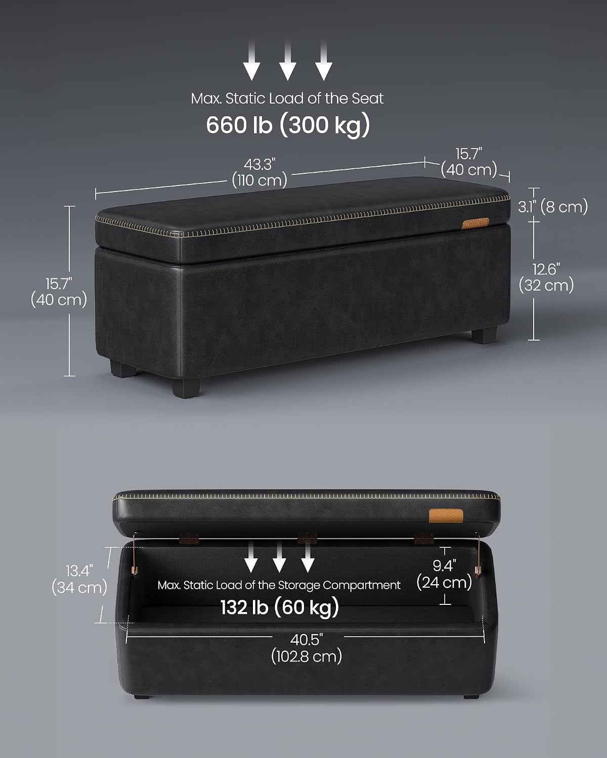 VASAGLE EKHO Collection - Storage Ottoman Bench, Entryway Bedroom Bench, 25 Gallons, Synthetic Leather with Stitching, Mid-Century Modern, Safety Hinges, Loads 660 lb, Ink Black ULOM075B01