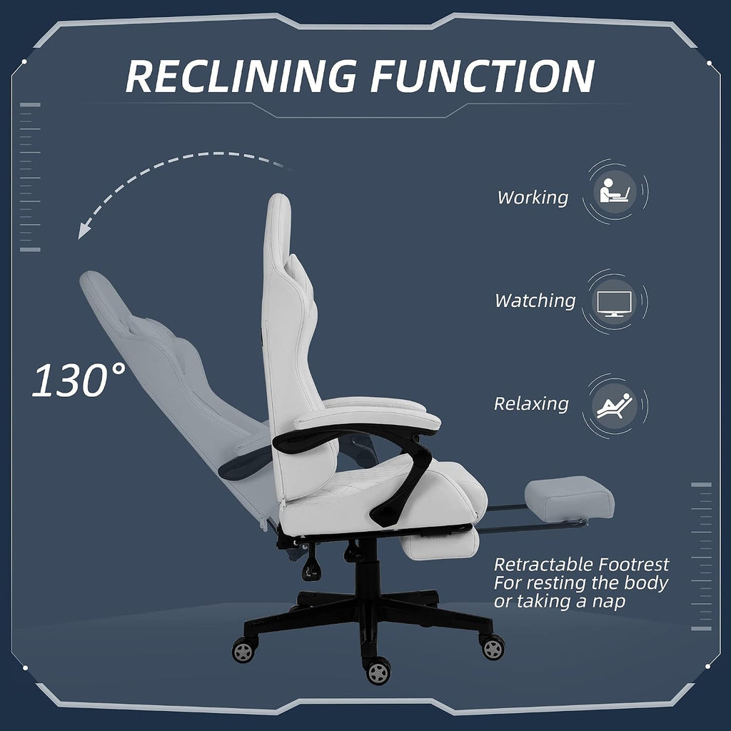 Vinsetto High Back PU Leather Gaming Chair, Racing Computer Chair with Swivel Wheels, Retractable Footrest, Headrest, Lumbar Support, and Armrest, White and Pink