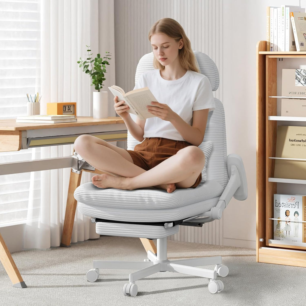 GXJ Criss Cross Chair with Flip-up Arms, Executive Office Chair with Foot Rest, Cross Legged Office Chair G800 Plus, Extra Lumbar Pillow, Corduroy Comfy Computer Desk Chair for Home, White