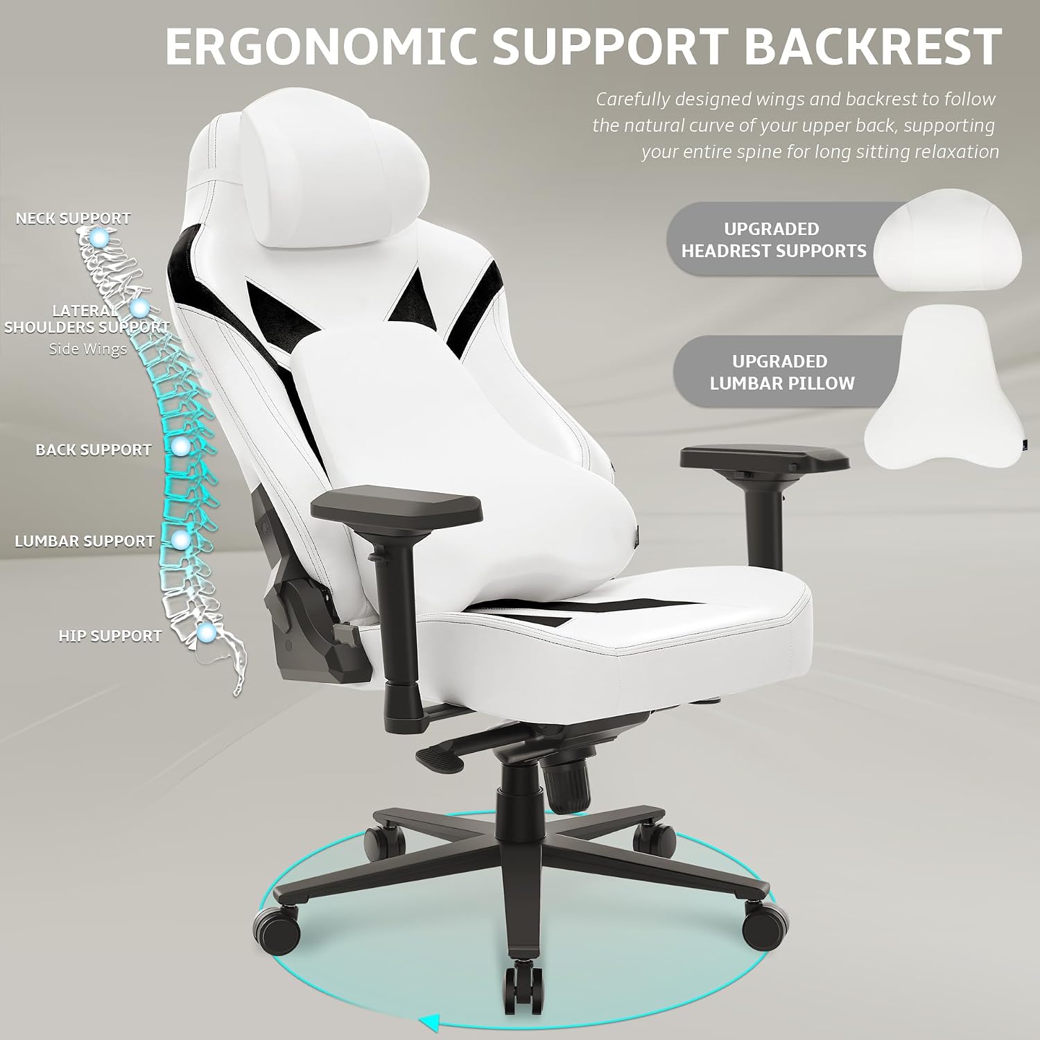 Ergonomic Gaming Chair, Wyrdforging Computer Desk Chairs, 4D Armrests, High Back Office Chair With Headrest & Lumbar Pillow, Tilt Rocker Recliner, Heavy-Duty Base, White PU Leather & Black Suede Combo