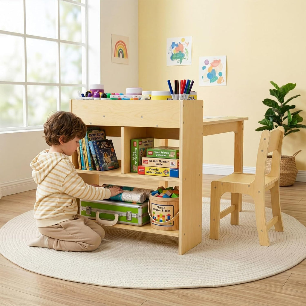 OOOK Kids Art Table and 2 Chairs, Toddler Activity Table with Large Storage Shelves, Wood Activity Desk for Writing Drawing Suitable for Playrooms & Classroom
