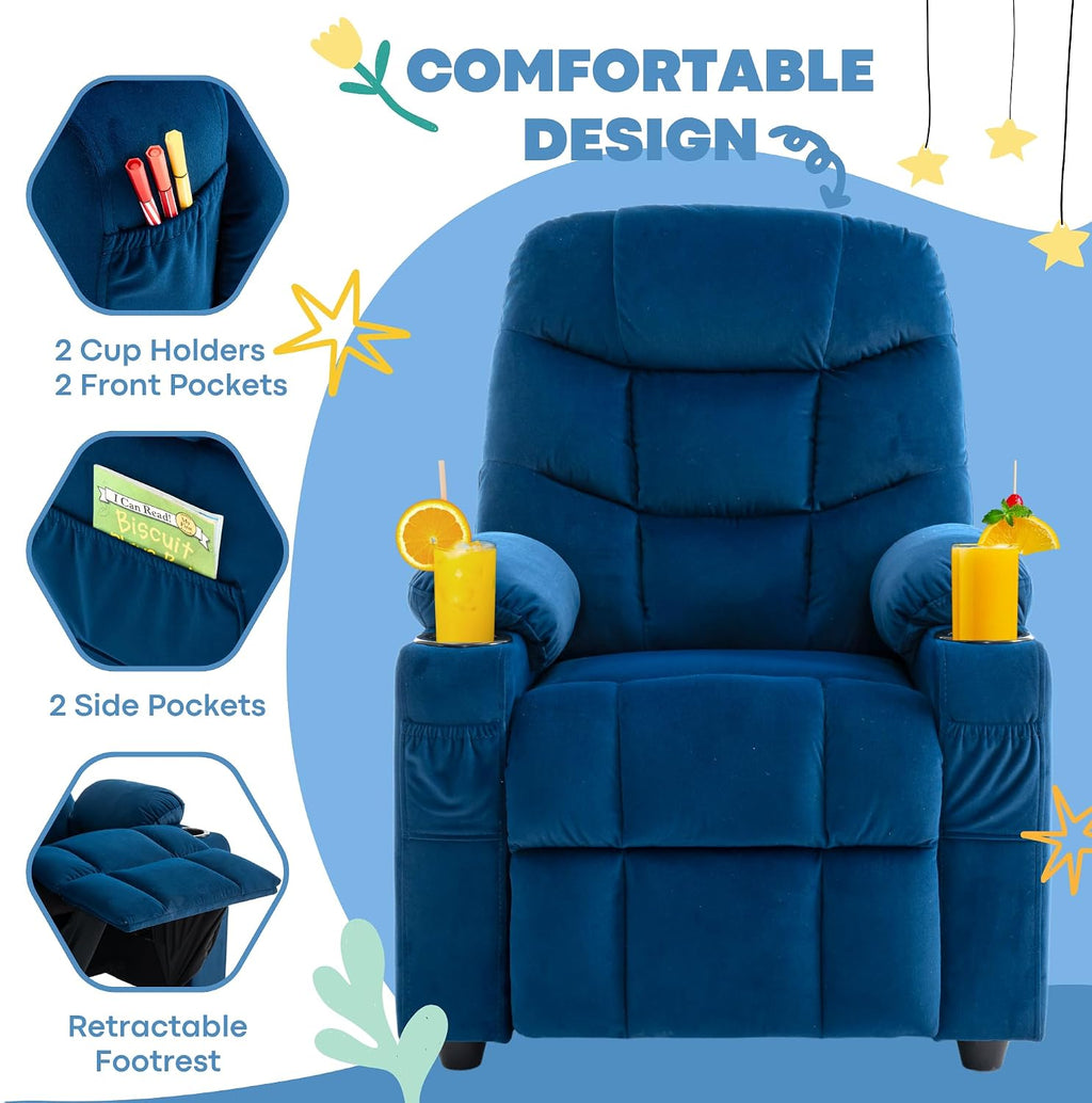 Donut Larger Kids Reclining Chair Velvet Fabric Recliner Sofa Push Back Lounge Children Toddler Boys Girls Ages 3-12 with Dual Cup Holders and 4 Pockets
