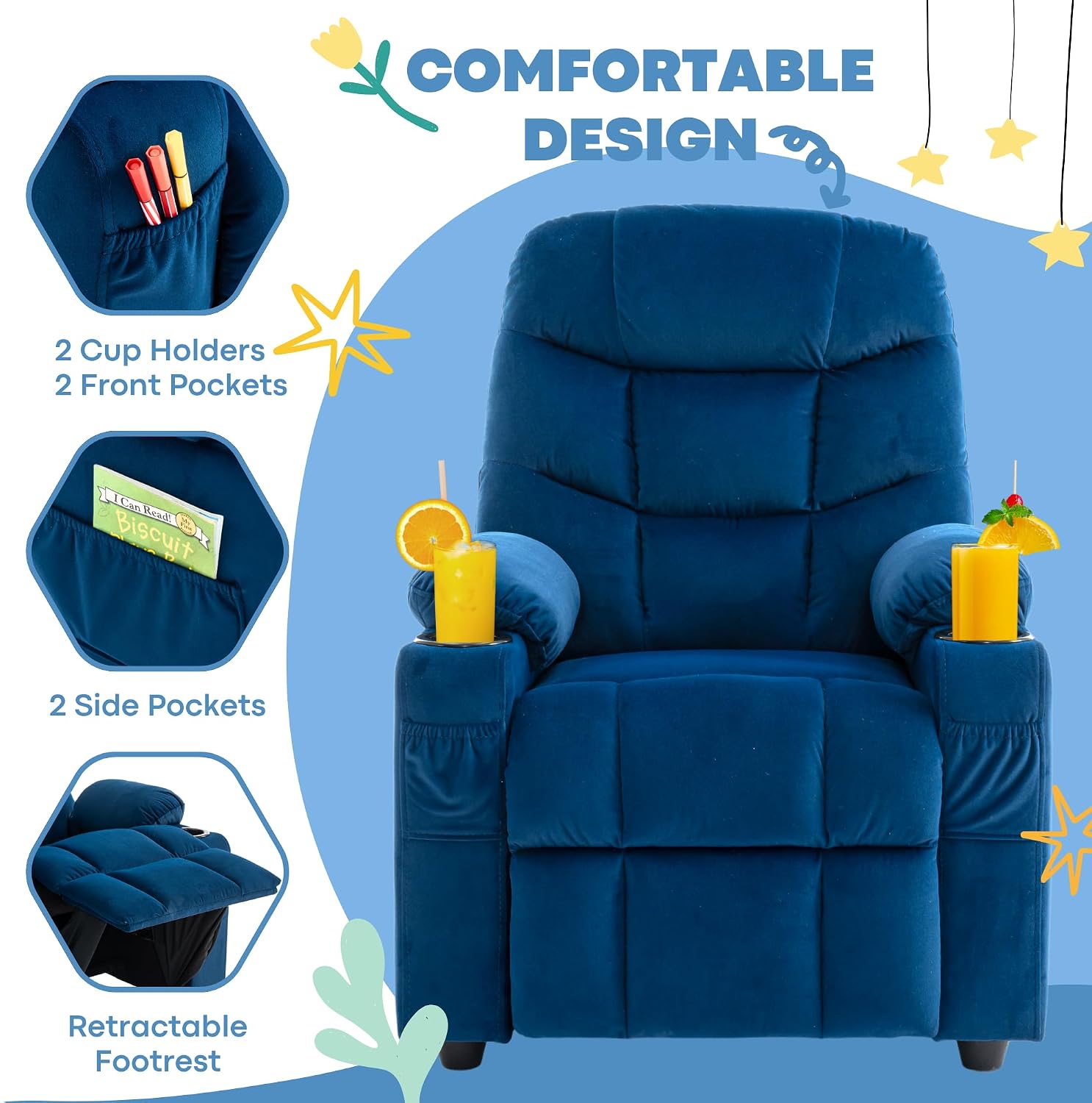 Donut Larger Kids Reclining Chair Velvet Fabric Recliner Sofa Push Back Lounge Children Toddler Boys Girls Ages 3-12 with Dual Cup Holders and 4 Pockets