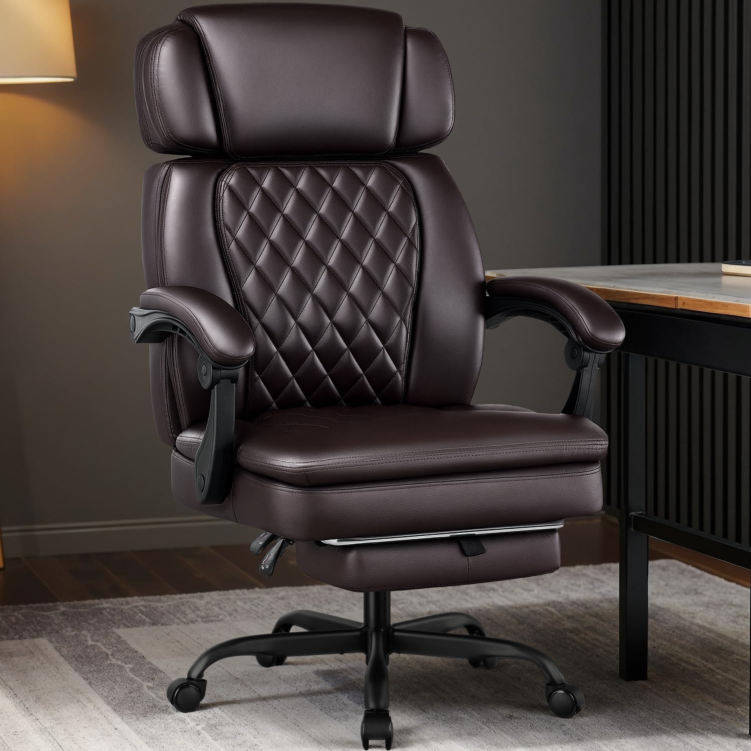 400lbs Executive Office Chair with Foot Rest for Heavy People, Ergonomic Big and Tall Desk Chair with Adjustable Headrest, High Back PU Leather Comfy Heavy Duty Computer Chair