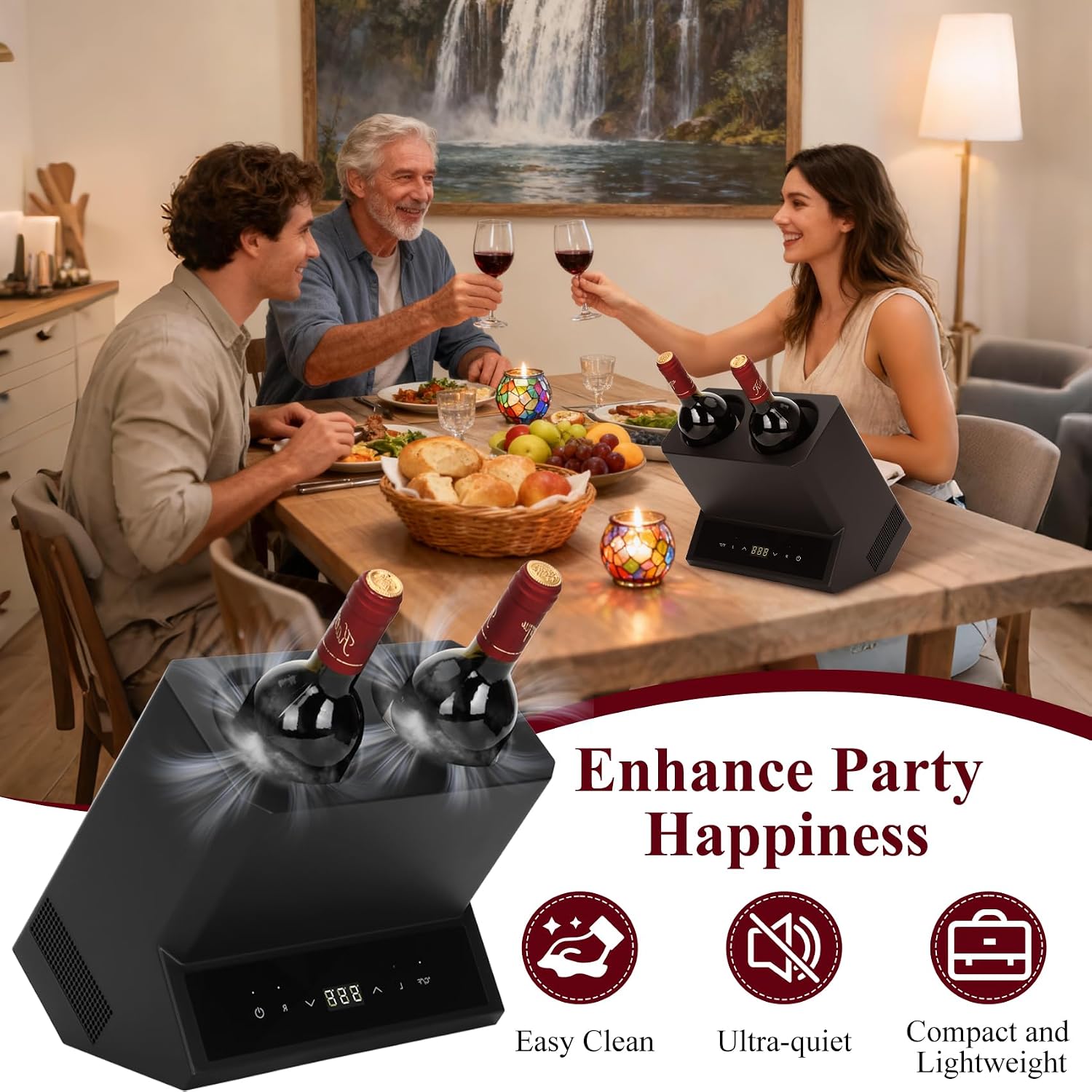 Electric Wine Chiller Double Bottle - Premium 24H Iceless Portable Cooler,Wine Chiller for 750ml Wine/Champagne,Multi-Scene Vino Accessory for Kitchen/Bar/RV - Perfect Gift for Wine Lovers