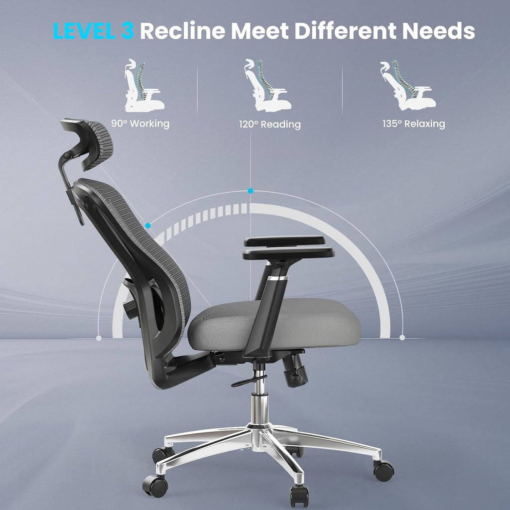 Farini Ergonomic Office Chair Desk Chair, High Back Computer Chair with Wheels, Home Sutdy Chair for Heavy People, Mesh Office Chair Adjustable Seat Depth, 3D Armrests and Adjustable Headrest, Grey