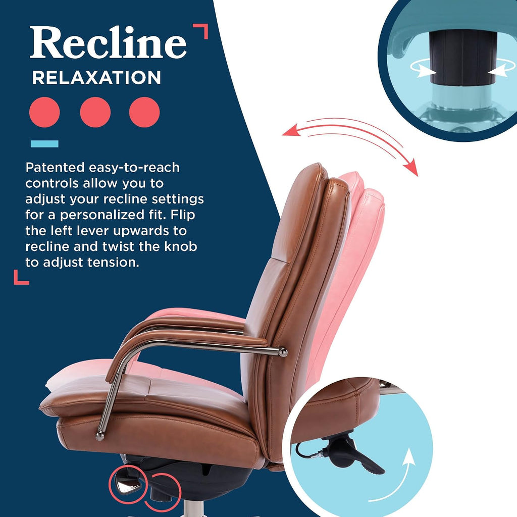 La-Z-Boy Opus Executive Mid-Back Office Chair, Channel-Tufted Seat and Back, Double-Layer Cushion, Padded Arms, Ergonomic Computer Desk Chair, Swivel Metal Base, Bonded Leather, Cognac and Graphite