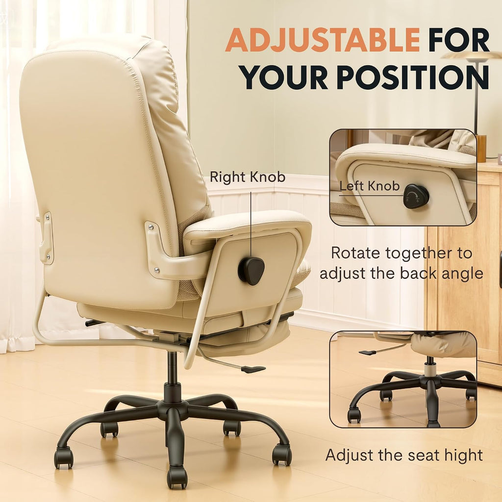 FLEXISPOT Ergonomic Office Chair with Footrest High Back Computer Desk Chairs Indoor Lounge Chair with Wheels 90-165° Reclining Lumbar Support, Chairs for Working Relaxing Cross Legged, Leather, White