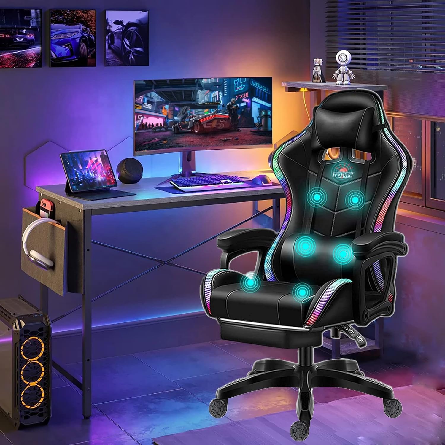 LED Gaming Chair with Speakers, Massage Computer Chair Ergonomic Racing Office Chair PU Leather Recliner Swivel Gamer Chair with Lumbar Support Headrest Armrest and Footrest,Black