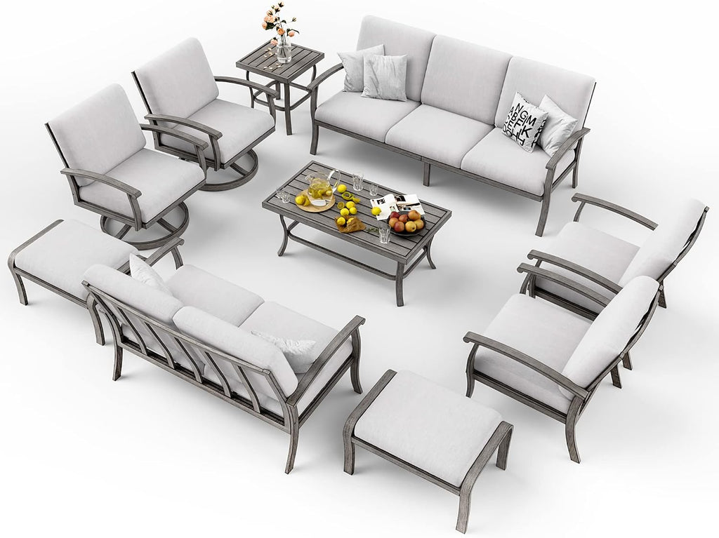 HAPPATIO 10 Piece Aluminum Patio Furniture Set, 3-Seat Outdoor Couch and Loveseat, All-Weather Outdoor Sectional Sofa with Swivel Armchairs and Ottomans, Garden Conversation Set(Gray)