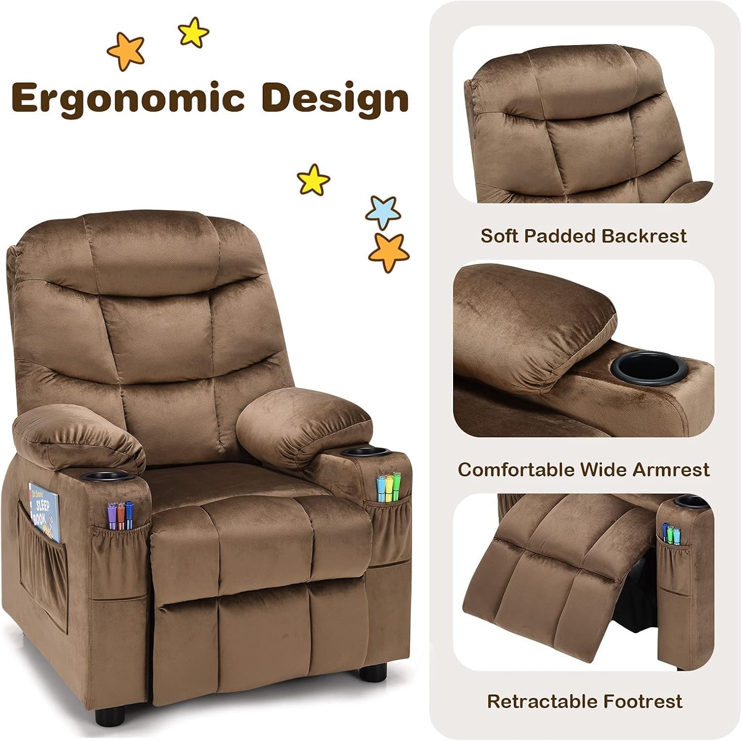 HOMGX Children's Recliner Chair, Velvet Material, Leisure Lounge Chair w/Side Pockets and Footrests, Ergonomically Adjustable Sofa Furniture, Suitable for Living Room (Brown)