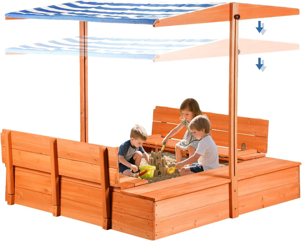 Kids Wooden Outdoor Sandbox with Cover，Sand Boxes with Canopy and Foldable Storage Bench Seats, Sand Table with Protection Bottom Liner,Kids Play Equipment for Outdoor(47X47Inch)