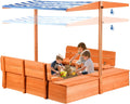 Kids Wooden Outdoor Sandbox with Cover，Sand Boxes with Canopy and Foldable Storage Bench Seats, Sand Table with Protection Bottom Liner,Kids Play Equipment for Outdoor(47X47Inch)