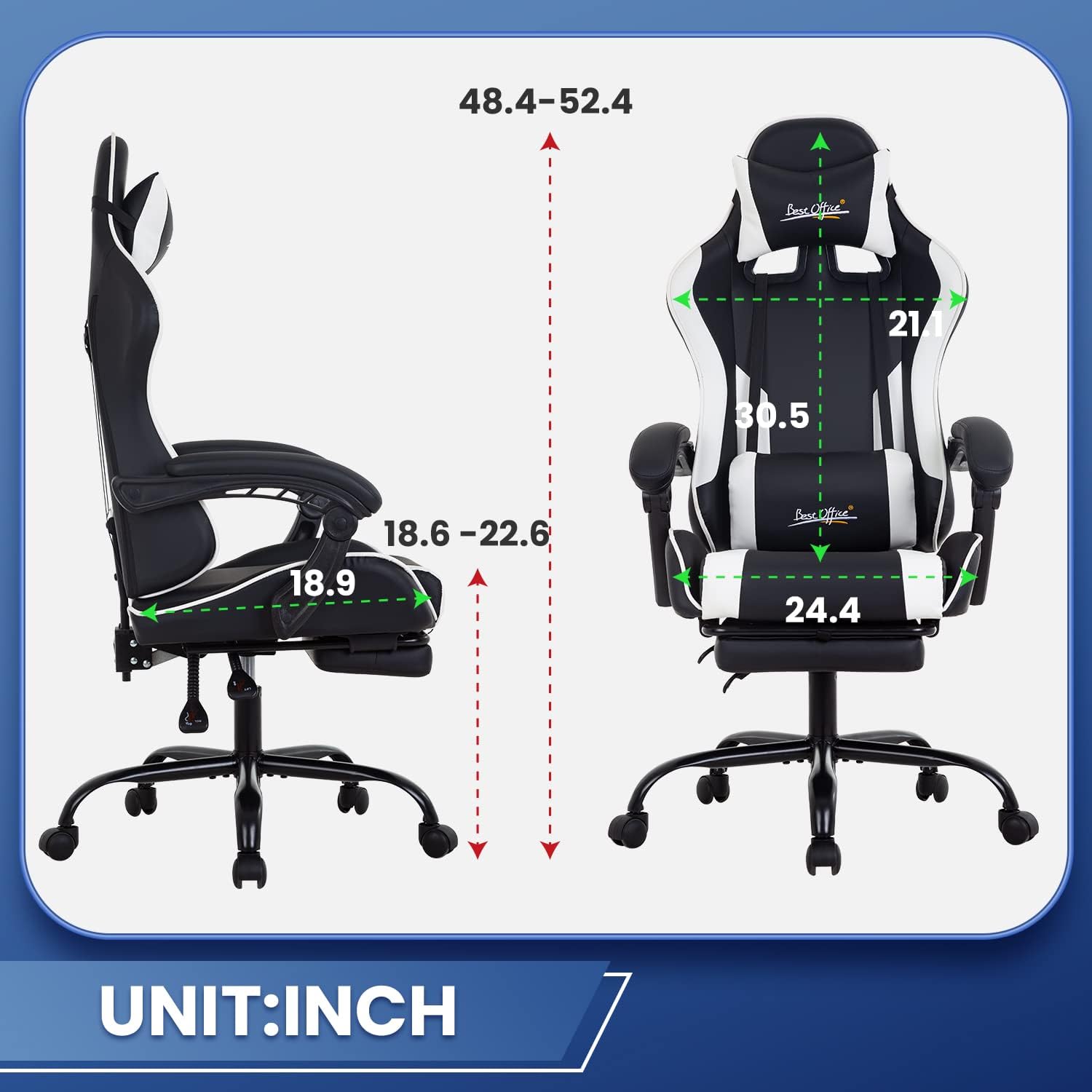 Gaming Chair Office Chair Desk Chair with Footrest Lumbar Support Headrest Armrest Task Rolling Swivel Ergonomic E-Sports Adjustable PC Gamer Chair (White)