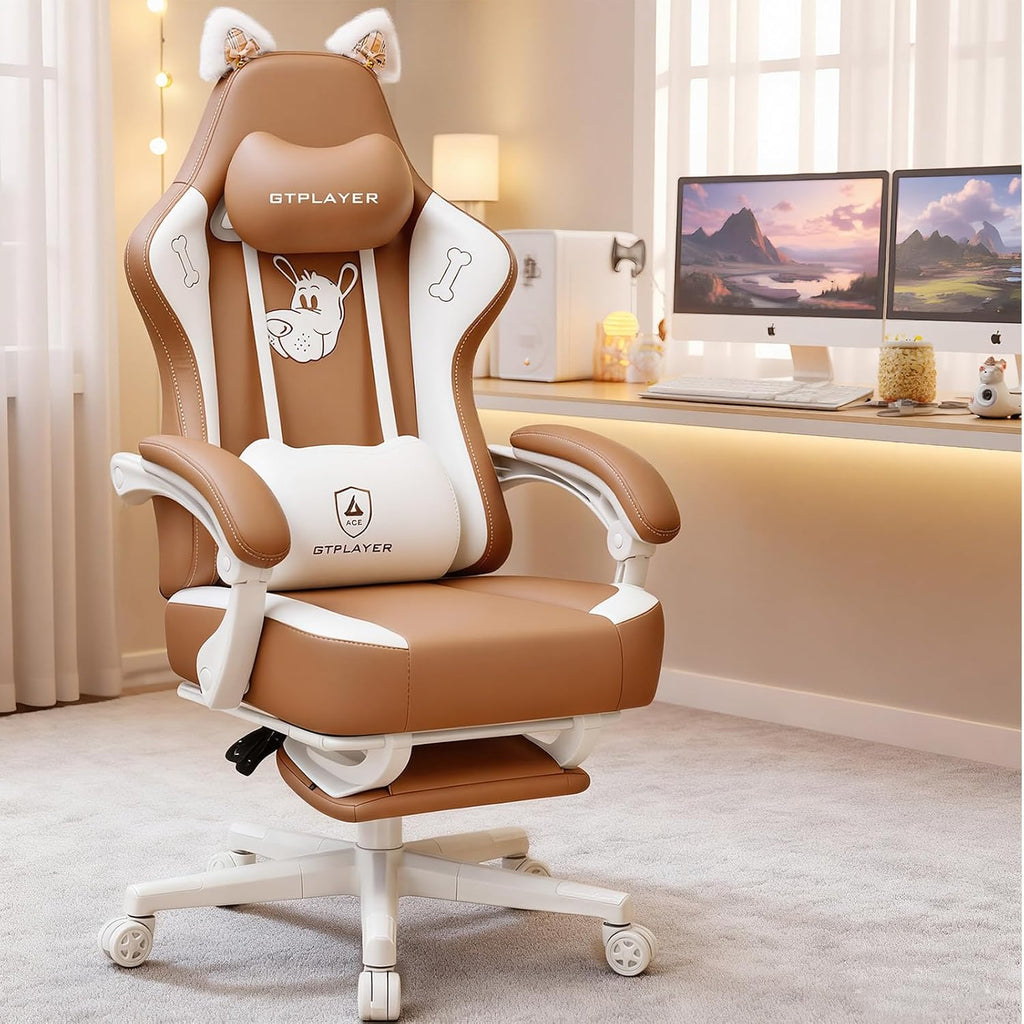 GTPOFFICE Cute Gaming Chair with Cat Ears, Ergonomic Computer Chair with Footrest Cat Paw Lumbar Support Comfortable Reclining Game Chair Desk Chair for Adult Teens, Soft Fabric, Brown