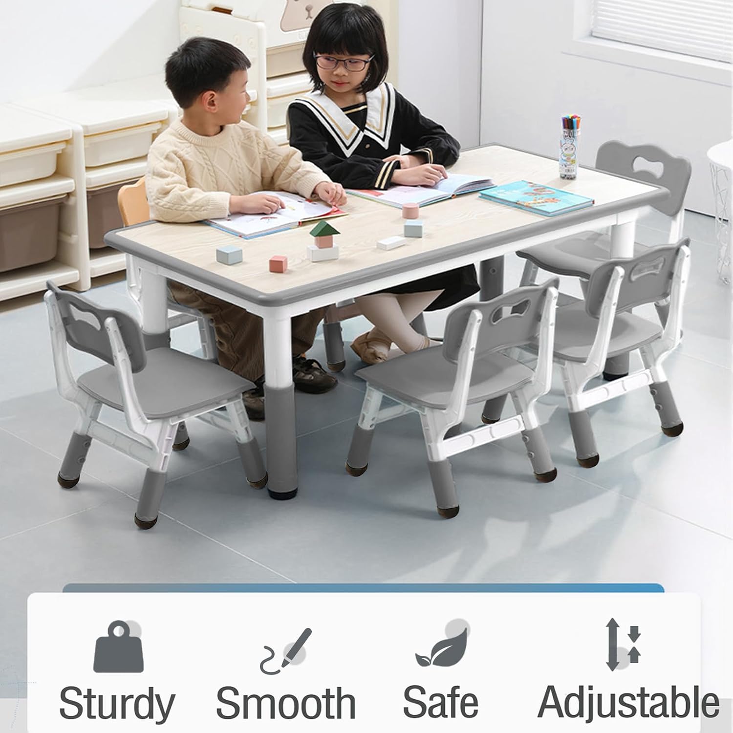 Kids Table and Chair Set, Height Adjustable Toddler Arts & Crafts Table and 6 Chair Set for Ages 2-10,Max 300lbs Kids Activity Art Table for Classroom Daycares,Home