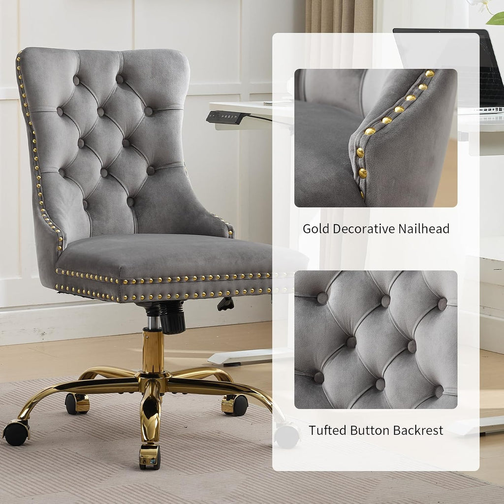 Grey Velvet Home Office Desk Chair with Wheels & Gold Base, Modern Swivel Comfy Office Chair Vanity Chair Task Chair, Upholstered Adjustable Wingback Armless Desk Chair for Home Office,Bedroom,Grey