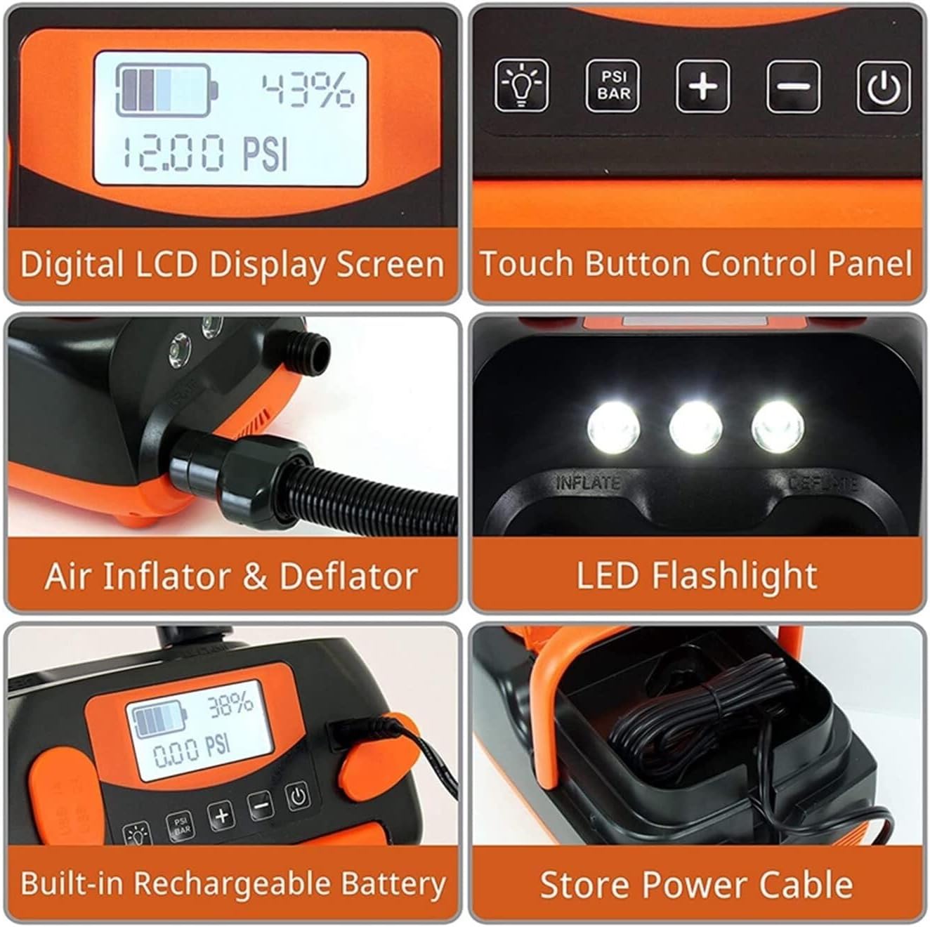 Paddle Board Air Pump,Rechargeable LCD Electric Air Pump,6000mah Rechargeable AC 110V/ DC 12V Powered High Pressure SUP Air Inflator/Deflator for Air Mattresses