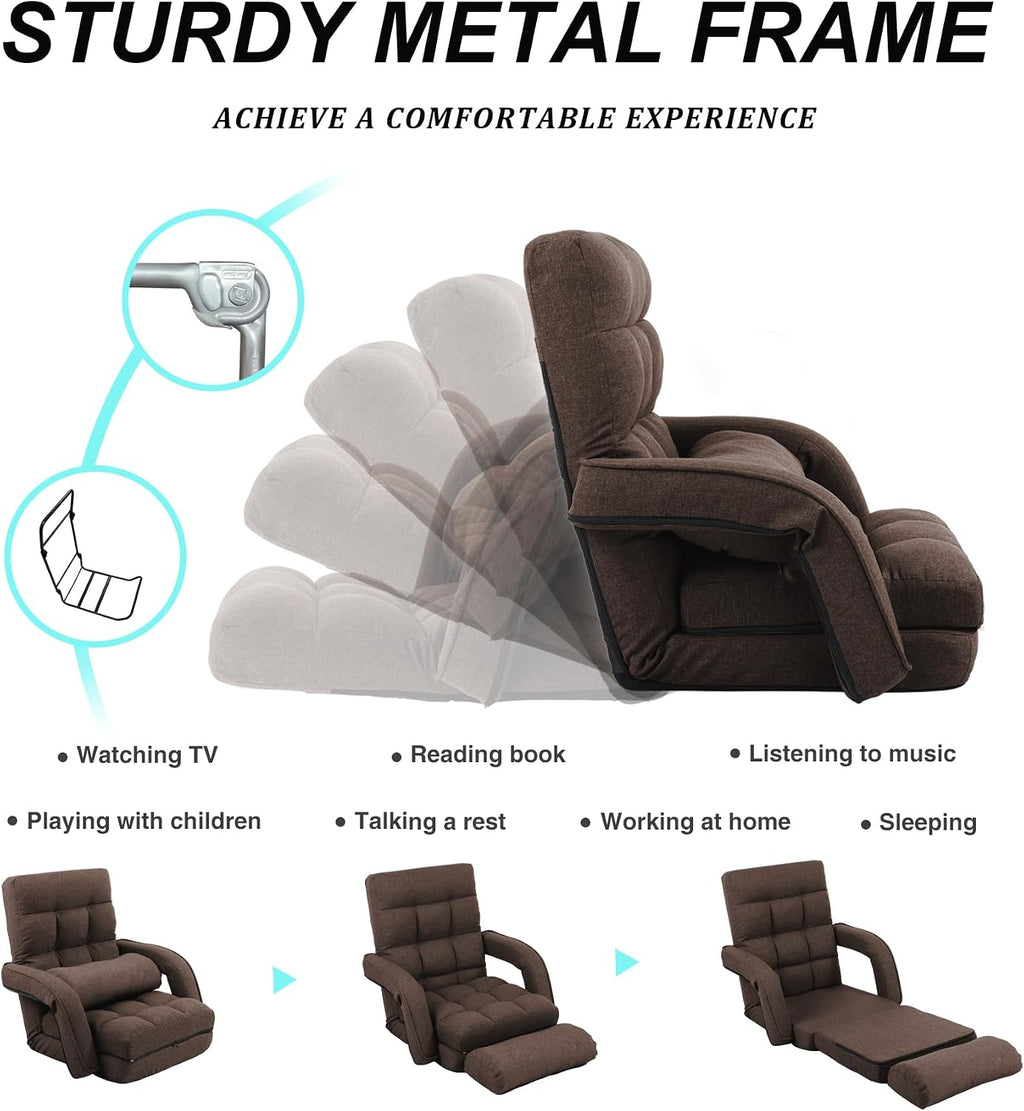 Adjustable Floor Chair for Adults with Back Support,5-Position Folding Lazy Sofa with Pillow, Gaming & Meditation Chair with Breathable Fabric - for Living Room, Bedroom, Office,Balcony (Brown)