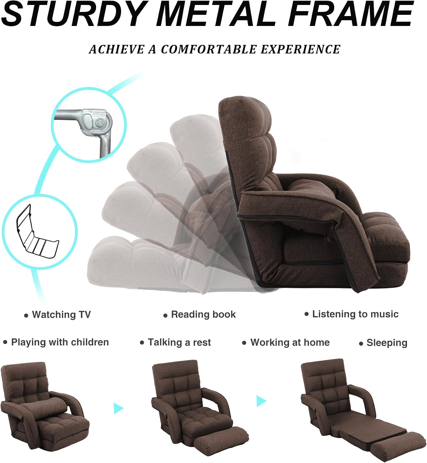 Adjustable Floor Chair for Adults with Back Support,5-Position Folding Lazy Sofa with Pillow, Gaming & Meditation Chair with Breathable Fabric - for Living Room, Bedroom, Office,Balcony (Brown)