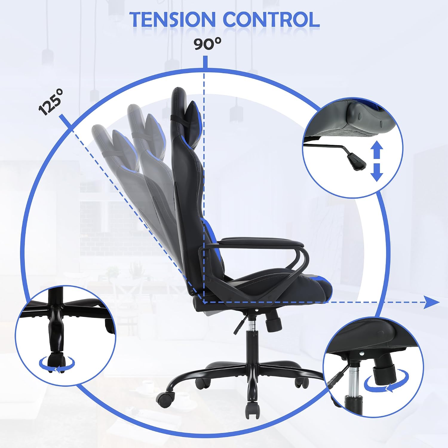 Video Game Chair Gaming Chair Computer High Back Office Desk Chair with Lumbar Support Adjustable Swivel Reclining Rolling PU Leather Game Chairs (Blue)
