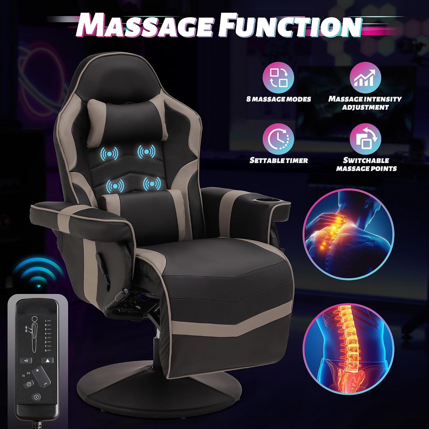 Game Reclining Chair with Adjustable Height, PU Gaming Chair with Massage, Long Footrest and Lumbar Support, High Back Swivel Computer Game Chair for Adult (Gray)