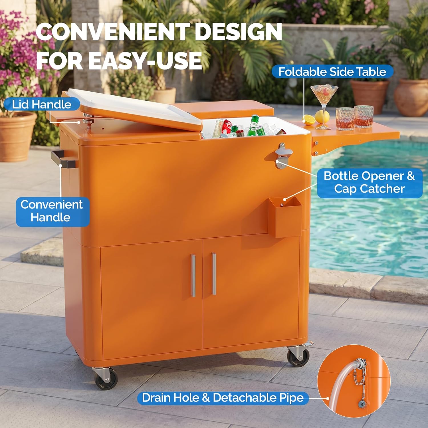 VINGLI Patio Cooler, Ice Chest with Storage Cabinet, Bottle Opener Drainage, Outdoor Cooler for Party, Deck, Pool