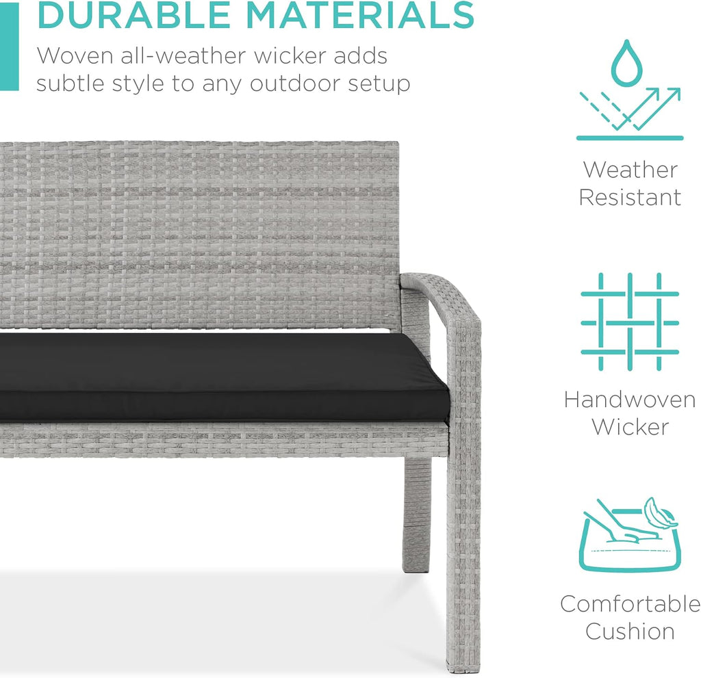 Best Choice Products Outdoor Bench 2-Person Wicker Garden Patio Benches Seating Furniture for Backyard, Porch w/Seat Cushion, 700lb Capacity - Gray/Black