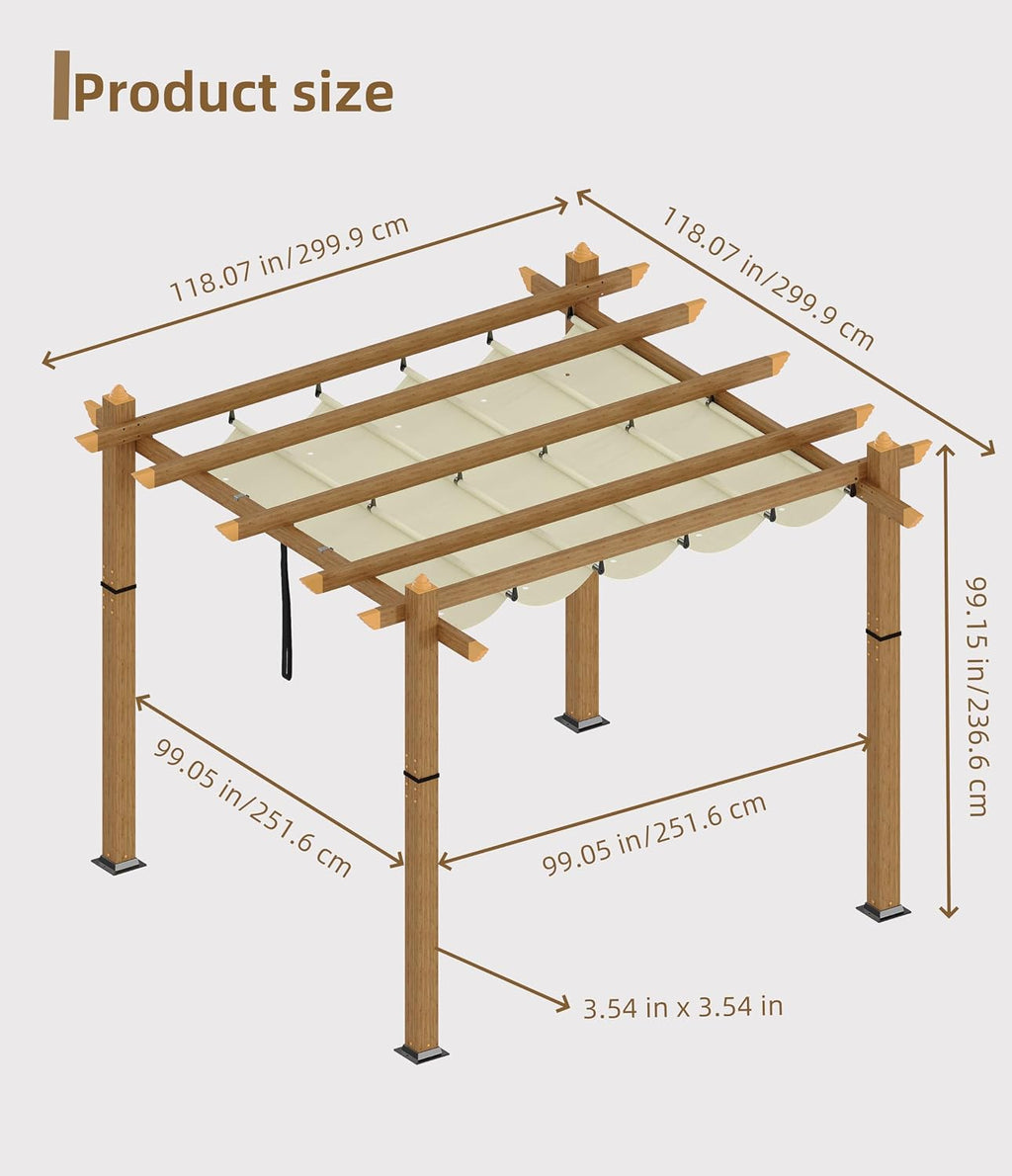 GAOMON Retractable Pergola 10' x 10' Aluminum Outdoor Pergola with Retractable Canopy Faux Wood Metal Pergolas for Patios, Backyard, Deck, Patio, Garden Porch Beach Pavilion Grape Trellis, Beige