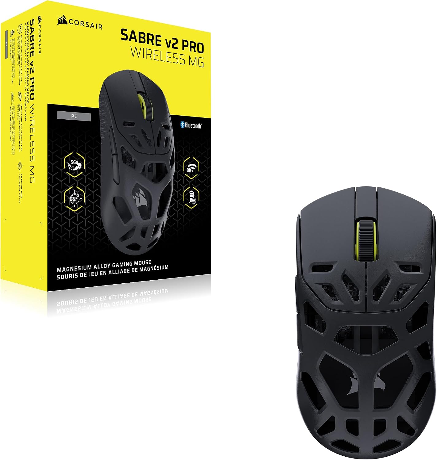 Corsair Sabre v2 PRO Wireless MG FPS Gaming Mouse – 33,000 DPI Marksman S Sensor, 8,000Hz Hyper-Polling, Durable Magnesium, Lightweight, Up to 120hr Battery – Black