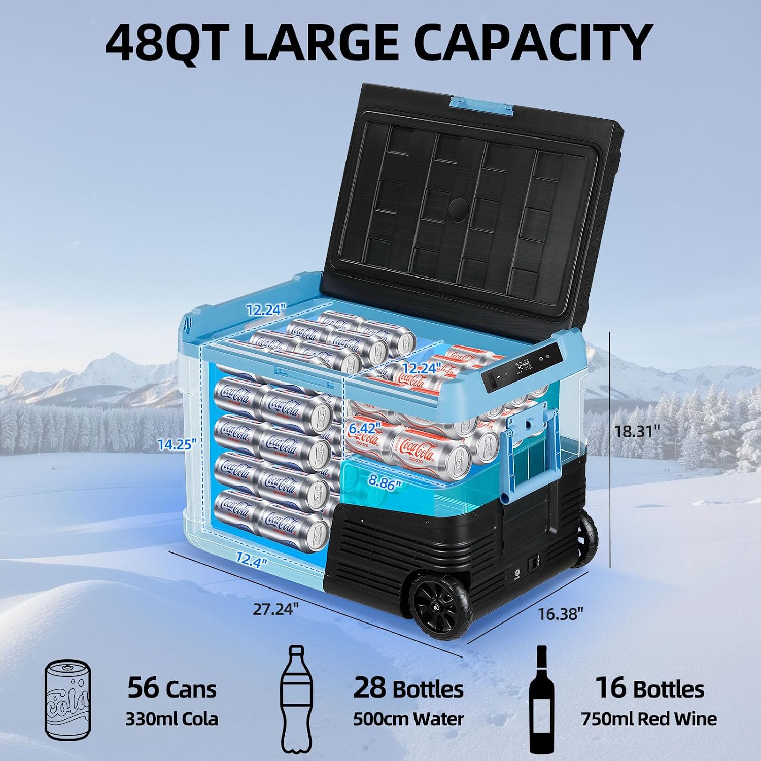 45L Car Refrigerator Freezer, -4℉~68℉ 48QT Single Zone Portable Compressor Cooler with Reversible Door, Battery Slot, All-Terrain Wheels, 100–240V AC / 12V / 24V DC Powered, LED Light – Ice Blue