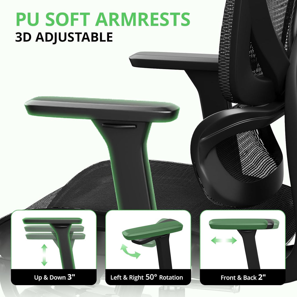 Synorla Ergonomic Office Chair with Footrest, Mesh Desk Chair with 135° Recline, Adjustable Lumbar Support, 3D Armrests and Headrest, Swivel Computer Chair for Home Office