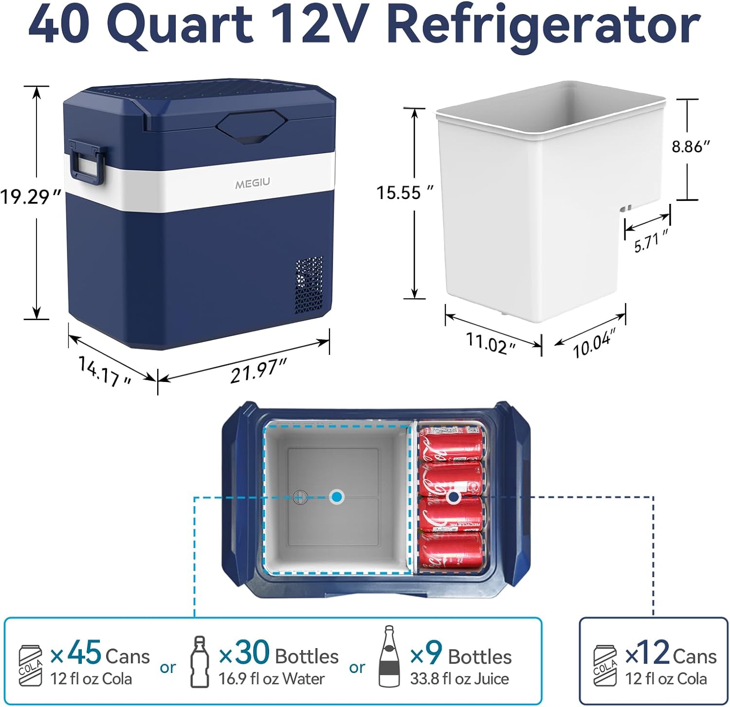 Megiu Car Fridge Portable 12V Refrigerator 40 Quart 12 Volt Freezer Compressor Cooler 12V/24V DC 110～240 V AC for Truck Van RV Camper SUV and Home Use (HC-38P5s)