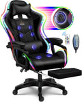 Massage Gaming Chairs for Heavy People Adults, Gaming Chair with RGB LED Lights and Dual Speakers,Ergonomic Reclining Office Desk Computer Chair with Footrest and Lumbar Support,Black