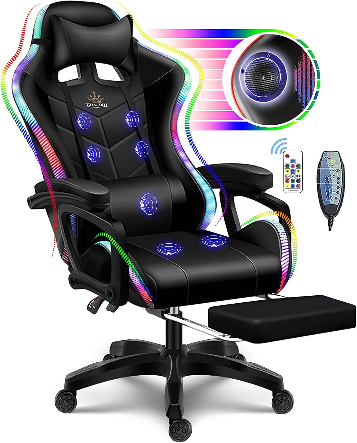 Gaming Chair with Speakers and Massage Computer Gaming Chair with LED RGB Lights and Footrest High Back Ergonomic Video Game Chair with Adjustable Lumbar Support for Adults,Black