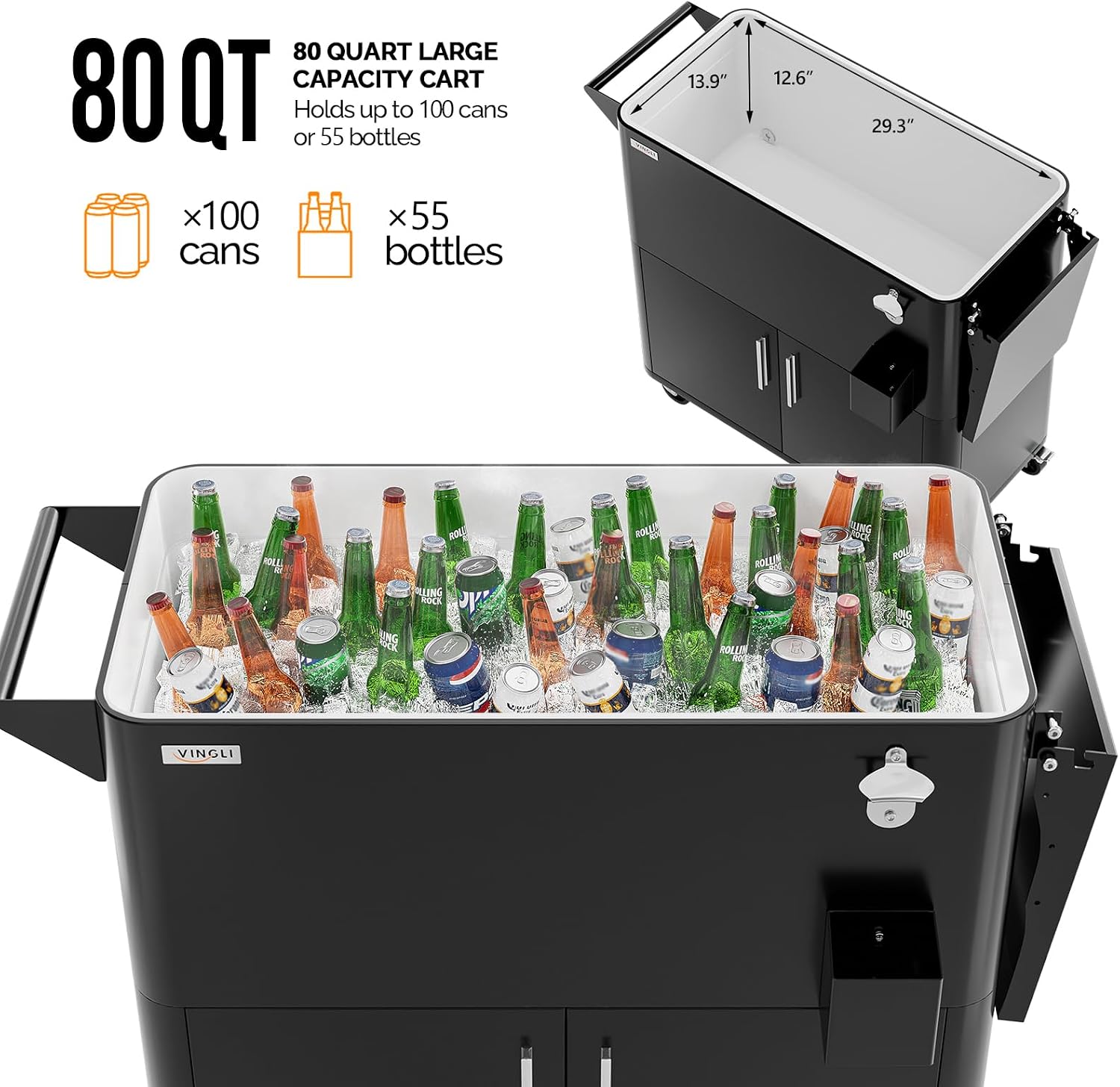 VINGLI Patio Cooler, Ice Chest with Storage Cabinet, Bottle Opener Drainage, Outdoor Cooler for Party, Deck, Pool