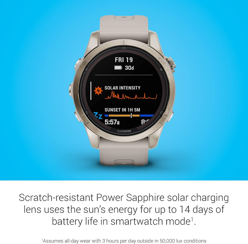 Garmin fēnix 7S Pro Sapphire Solar, Multisport GPS Smartwatch, Built-in Flashlight, Solar Charging Capability, Sand