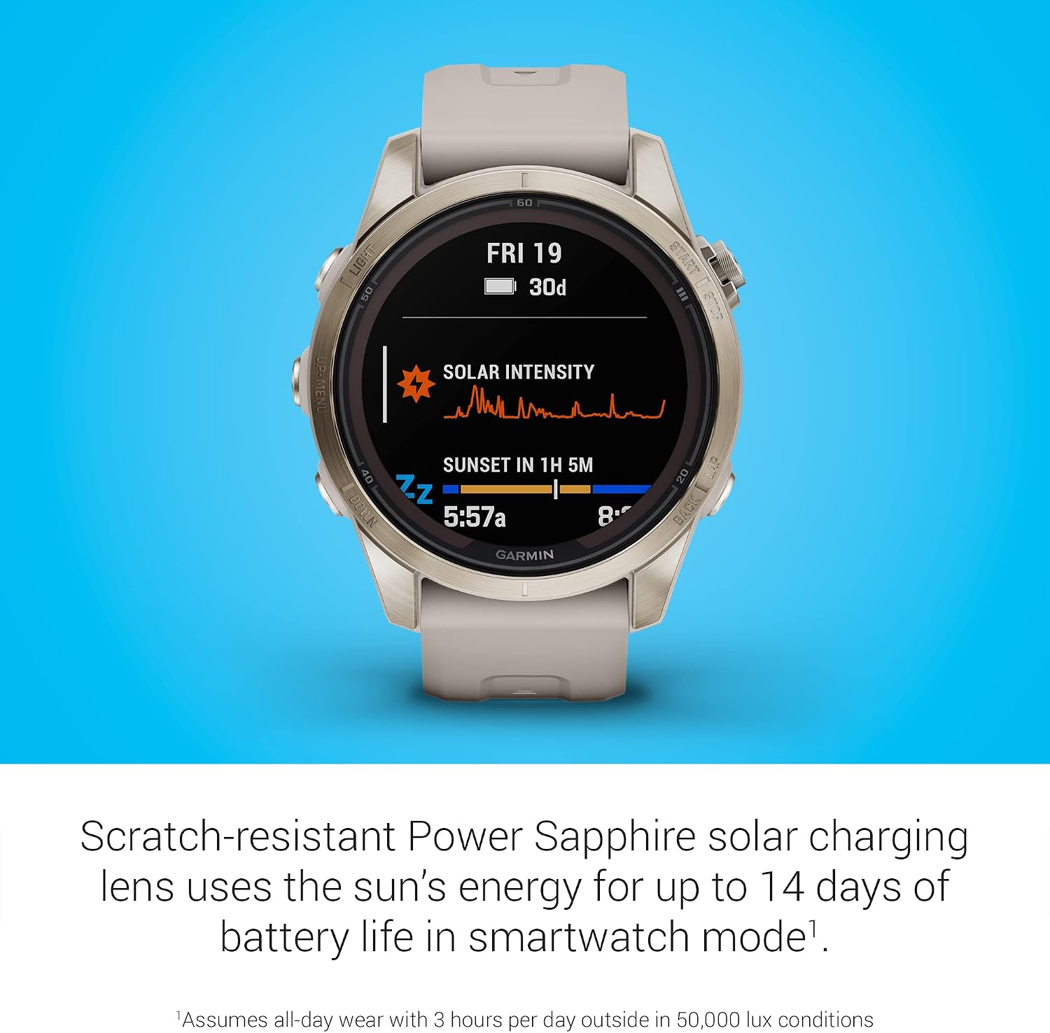Garmin fēnix 7S Pro Sapphire Solar, Multisport GPS Smartwatch, Built-in Flashlight, Solar Charging Capability, Sand