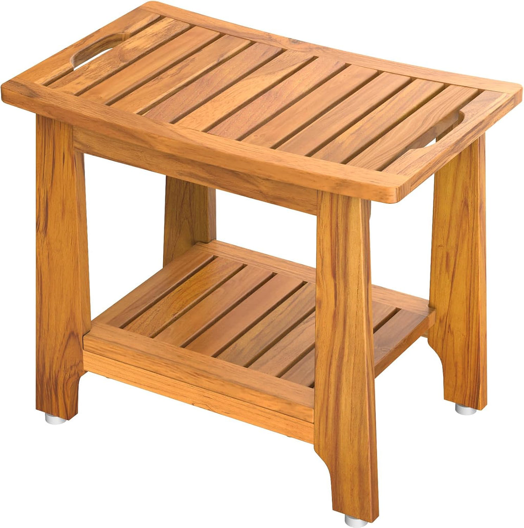 21' Standard Teak Shower Bench with Shelf & Handle - Waterproof, Non-Slip Bath Stool, 300 lbs Capacity - Fits Standard Tubs/Showers & Outdoor Use (Patented)