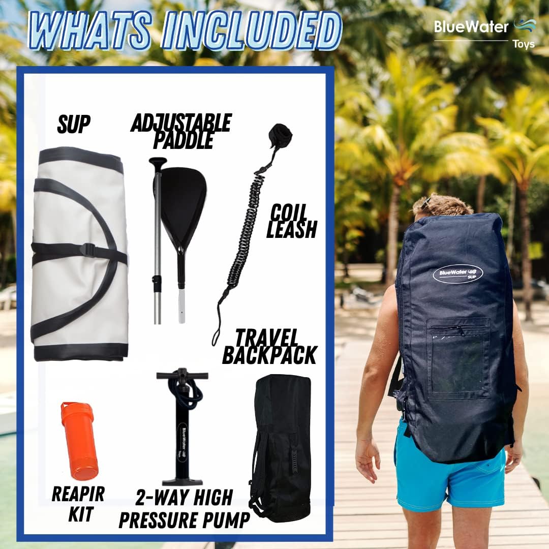 Blue Water Toys Portable Inflatable Stand Up Paddle Board Kit | 11ft x 34in Nylon & Mesh Inflatable Paddle Board with 100% UV-Resistant EVA Pad, Pump, Backpack, Coil Leash & Repair Kit (Black/White)