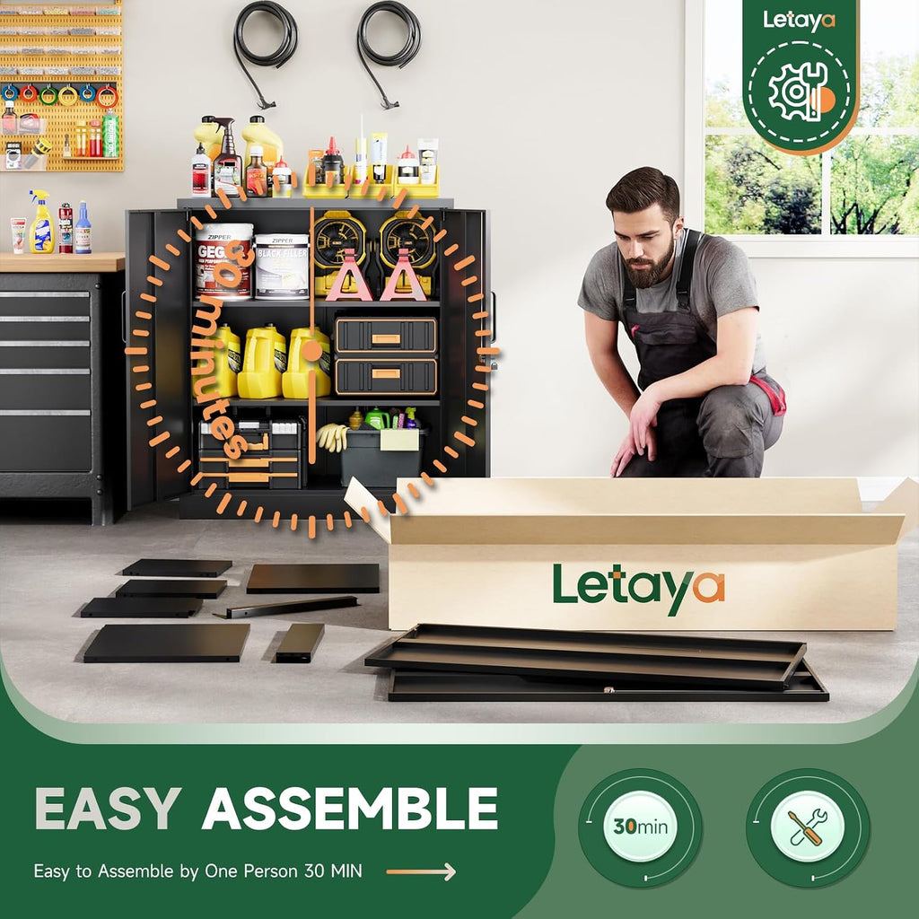 Letaya Metal Storage Cabinets with Lock, Small Locker Steel Cabinets, Adjustable Shelves 2 Doors for Home,Office, Warehouse,Garage(Black-36)