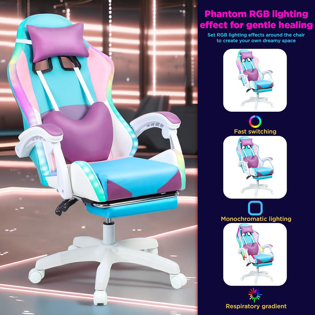 Gaming Chairs for Adults Racing Style Computer Chair Ergonomic, Gamer Chairs for Adults Remote Control, High Back Reclining Office Gaming Chair with Footrest and Headrest (Purple)