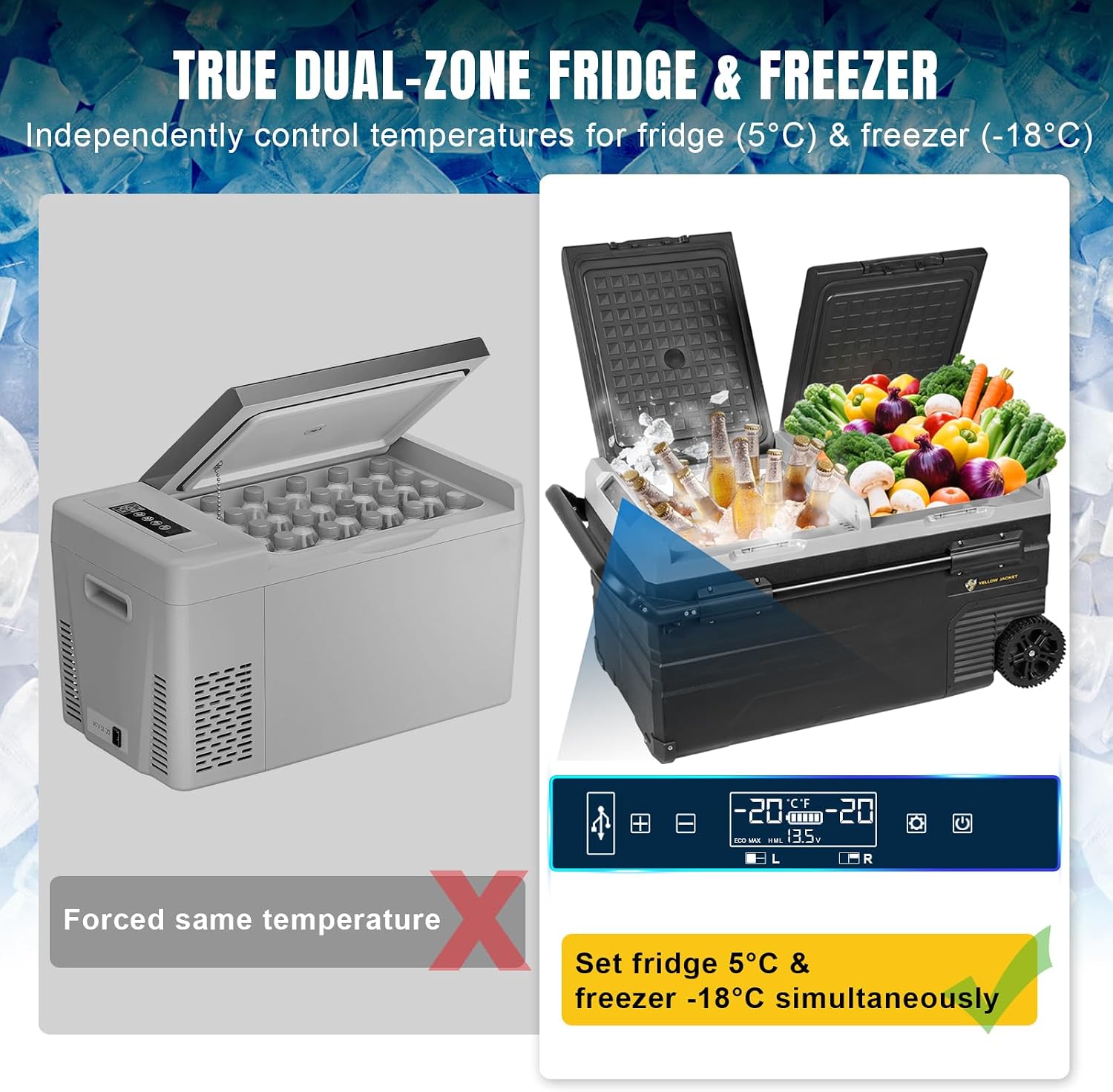 YELLOW JACKET Car Refrigerator 76 Quart Portable Freezer Cooler with Wheels Dual Zone Independent Control 12Volt Car Fridge for Outdoor Camping Travel,12/24V DC 110~240 V AC Refrigerator for Home,RV